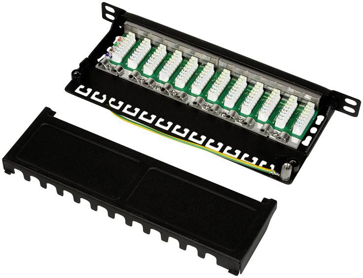 Een geopend glasvezel-patchpanel met 12 groene aansluitpoorten en een zwarte afdekking ernaast. Geschikt voor netwerkverbindingen.