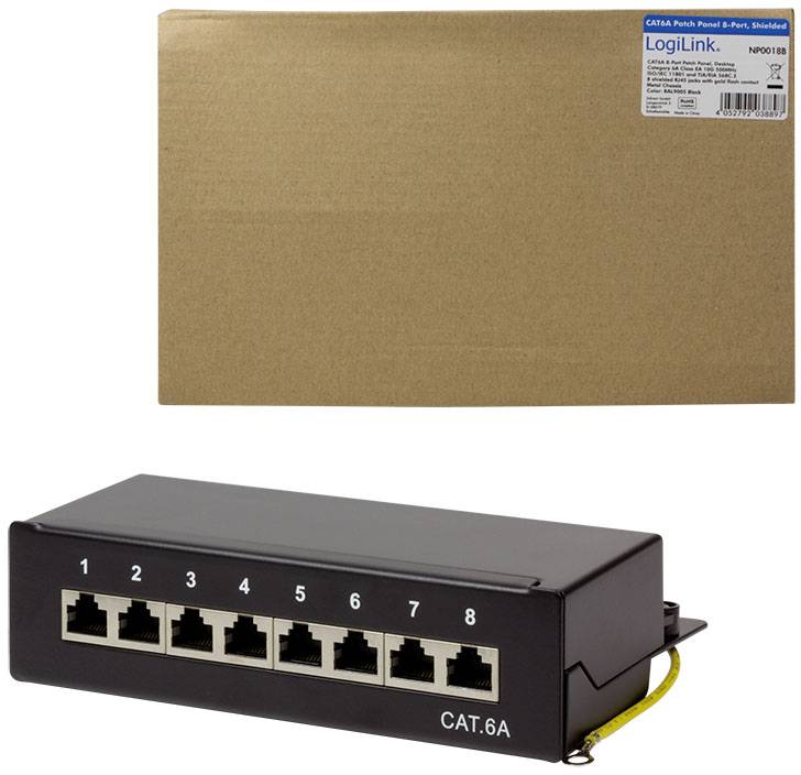 'CAT.6A Patchpanel' en 'LogiLink NP0010B' etiket op bruine karton. Patchpanel met 8 poorten, genummerd van 1 tot 8.