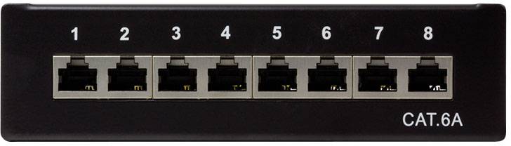 Een zwarte netwerk-patchpanel-aansluitbalk met acht genummerde Ethernet-poorten, gemarkeerd met 'CAT.6A'.