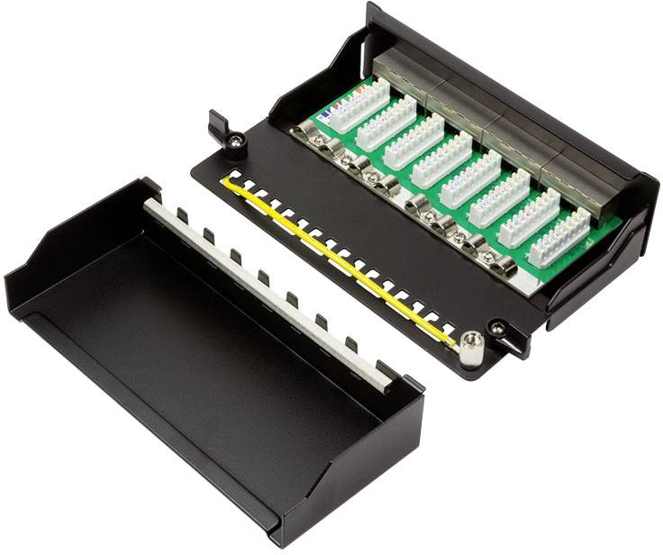 Een geopend elektrisch verdeelmodule met zes aansluitsleuven en een groene printplaat, omgeven door een zwarte behuizing.