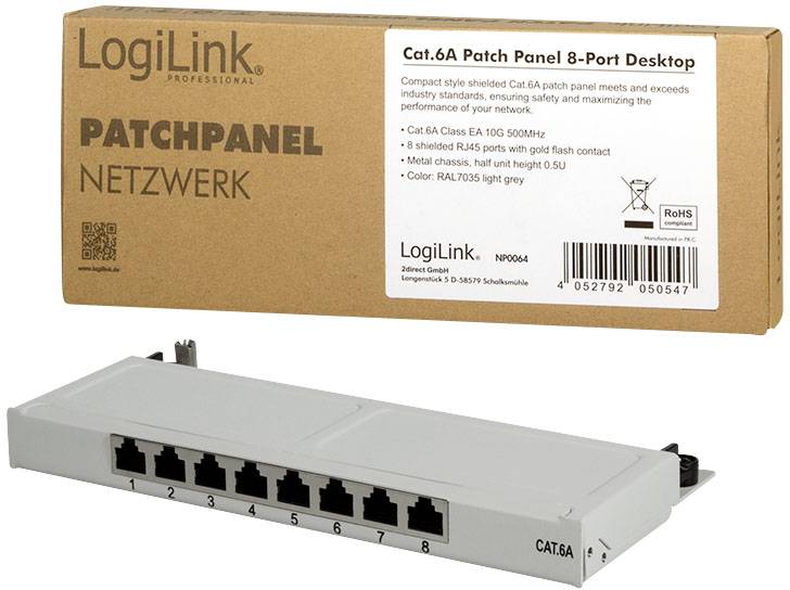 'LogiLink 8-Poorts Cat.6A Patchpanel voor desktop-toepassingen. Netwerkbekabelingsaansluitingen met afscherming. RAL7035 lichtgrijs.'