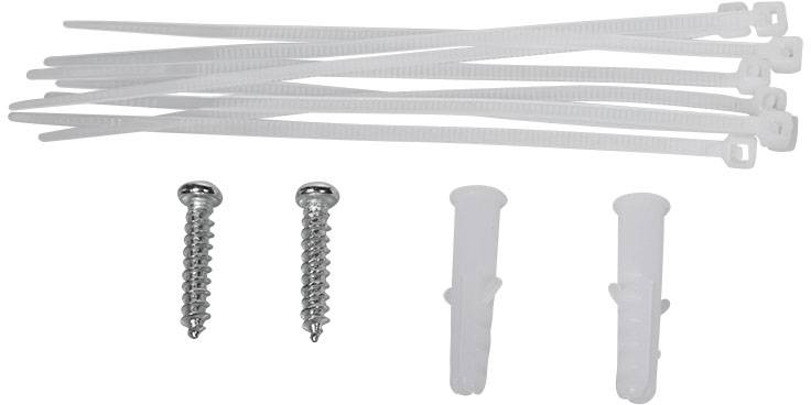 Kabelbinders, twee metalen schroeven en twee kunststof pluggen op een witte achtergrond. Montagematerialen voor doe-het-zelfprojecten.