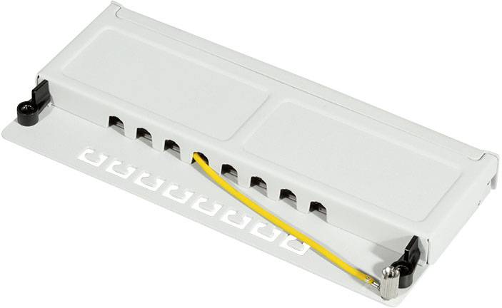 Witte kabeldoorvoer met geel kabel en grijze achterwand, geschikt voor kabelorganisatie in elektrische installaties.