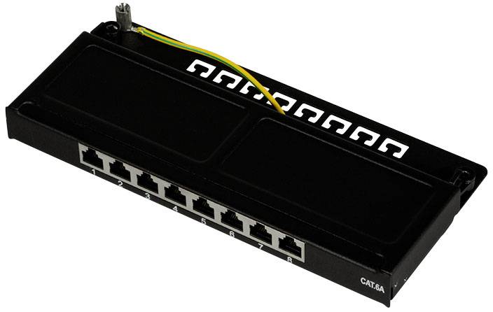 Netwerk-patchpanel met acht Ethernet-poorten en kabelbeheerfunctie.