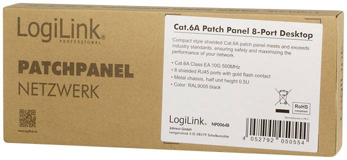 'LogiLink Patchpanel 8-Poorts Desktop, Cat.6A Klasse EA 10G 500MHz, afgeschermde RJ45-poorten, metalen behuizing, kleur RAL9005 Zwart.'