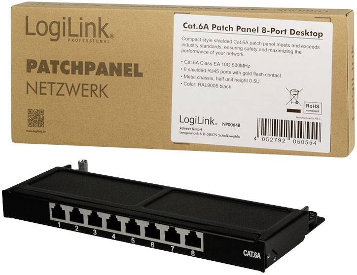 'Cat.6A Patchpanel, 8-Poorts, Desktop' en verpakking. Zwart paneel met acht netwerkaansluitingen, vermelding van afscherming en compatibiliteit.