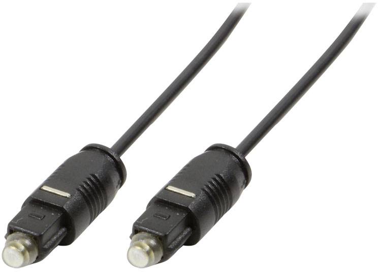 Twee zwarte optische audiokabels met TOSLINK-aansluitingen, die worden gebruikt voor digitale audiooverdracht.