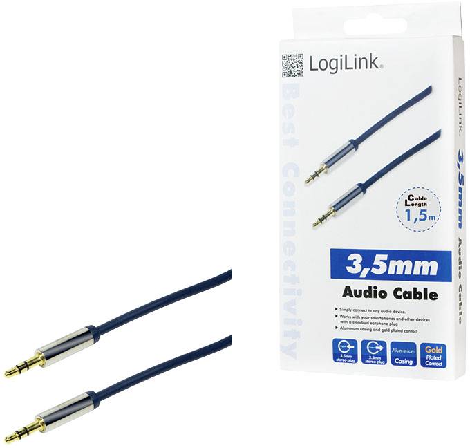 Kabelbeschrijving: 3,5-mm-audiokabel van LogiLink, 1,5 m lang, met goudgecoate aansluitingen, geschikt voor mobiele apparaten. Verpakking toont kabel en logo's.
