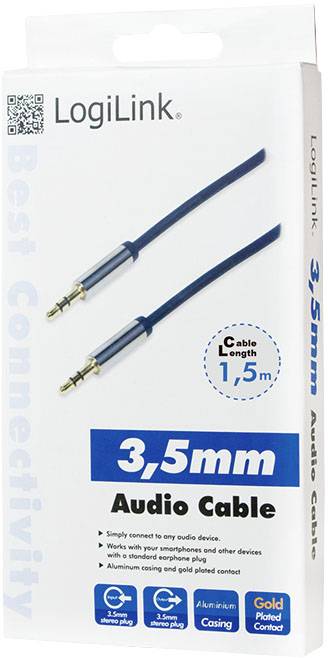 Een verpakking van een LogiLink 3,5 mm audiokabel, 1,5 m lang, met aluminium behuizing en vergulde contacten, compatibel met mobiele apparaten.