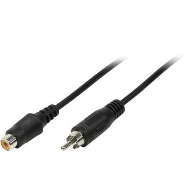 Een zwarte RCA-kabel met een mannelijke en een vrouwelijke stekker; veelvoorkomende verbinding voor audio- en videoapparatuur.
