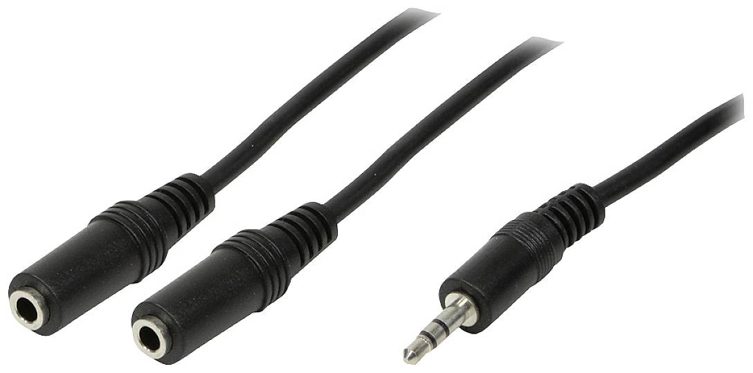 Twee zwarte audiokabels: links twee aansluitingen, rechts een stekker. Maken geluidsoverdracht tussen apparaten mogelijk.