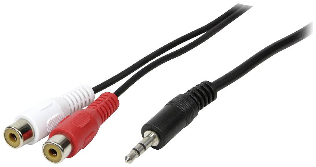 Een audiokabel met een zwarte 3,5-mm-stekker aan de ene kant en twee cinch-stekkers (rood en wit) aan de andere kant.