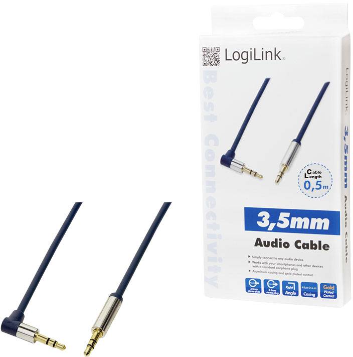 '3,5 mm audiokabel van LogiLink met 0,5 m lengte, goudgecoate aansluitingen voor een betere geluidskwaliteit. Verpakking toont merklogo en kabel.'