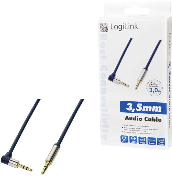 3,5 mm audiokabel van 3 meter lang, haakse stekker, geschikt voor audioapparatuur. Verpakking toont merk en specificaties.