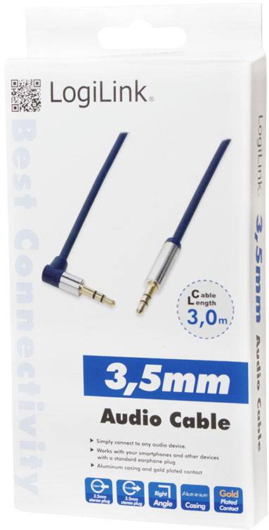 Verpakking van een 3,5 mm audiokabel van LogiLink met een lengte van 3,0 m. Geschikt voor smartphones en apparaten.