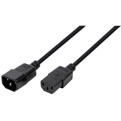 Een zwarte netkabel met een mannelijke C13-stekker links en een vrouwelijke C14-stekker rechts, op een witte achtergrond.