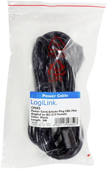 Zwart netwerkkabel van het merk LogiLink, lengte 3 m, verpakt in een transparante plastic zak met etiket voor productspecificaties.