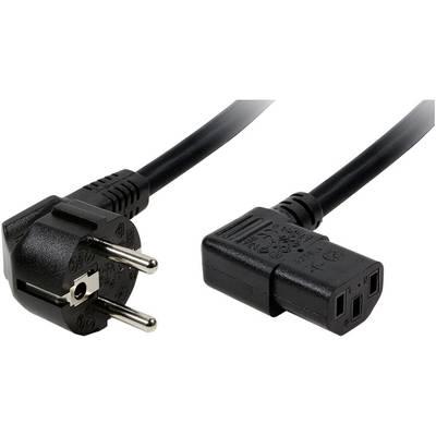 Zwart stroomsnoer met Schuko-stekker links en apparaatstekker rechts, geschikt voor computers en elektronische apparaten.