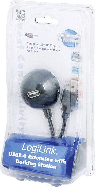 USB-verlengkabel met dockingstation van LogiLink. Ondersteunt USB 2.0/1.1, breidt het bereik van USB-apparaten uit. Verpakking toont productafbeelding.