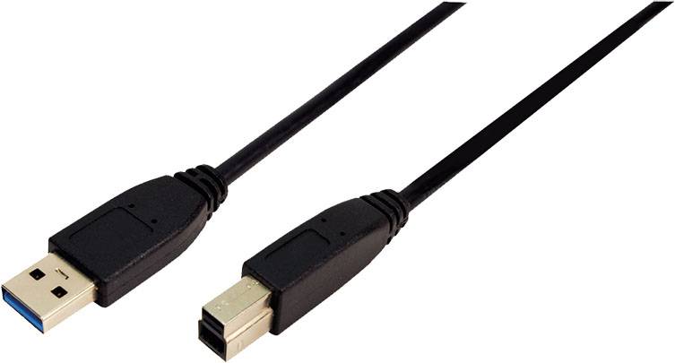 Een zwart USB-kabel met een USB-A-stekker aan de linkerkant en een andere stekker (waarschijnlijk USB-B) aan de rechterkant.