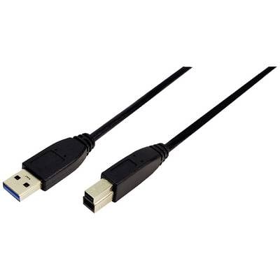 USB-kabel met twee aansluitingen; links een USB-A-stekker, rechts een USB-B-stekker. Gebruikt om apparaten te verbinden.