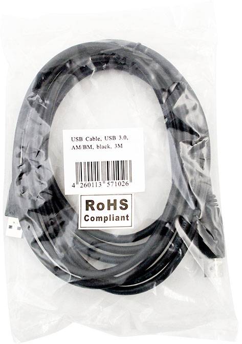 USB-3.0-kabel, zwart, 3 meter, verpakt, RoHS-conform.