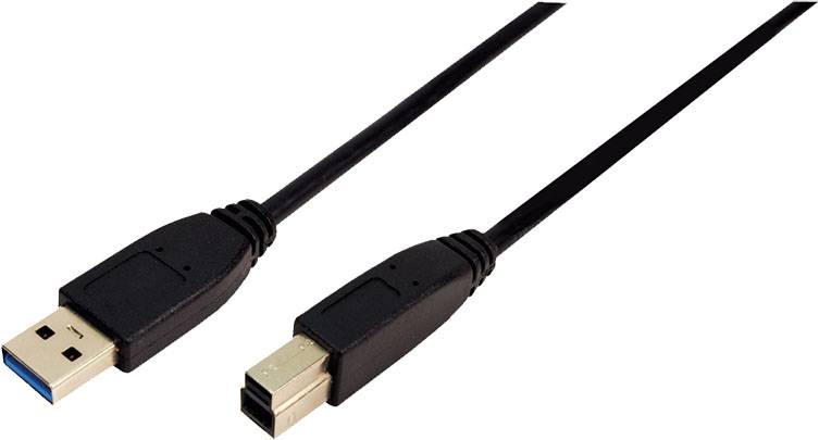 USB 3.0-kabel met twee aansluitingen: links een USB-A-stekker, rechts een USB-B-stekker. Gebruikt voor gegevensoverdracht en opladen.