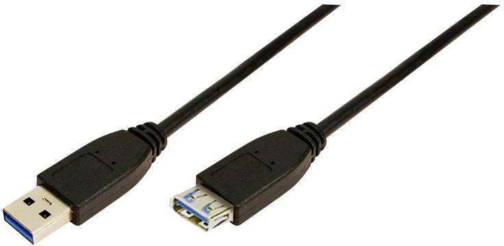 Een USB 3.0-verlengkabel met een mannelijke aansluiting links en een vrouwelijke aansluiting rechts, beide zwart.