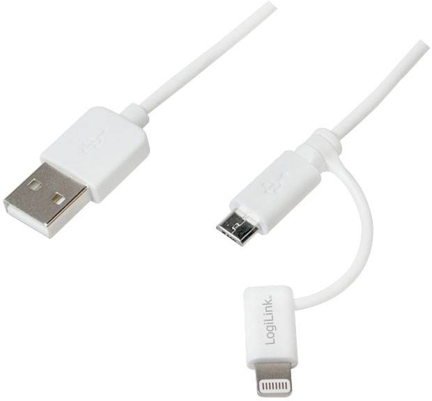 'Een wit USB-kabel met drie verschillende aansluitingen: USB-A, Micro-USB en Lightning.'