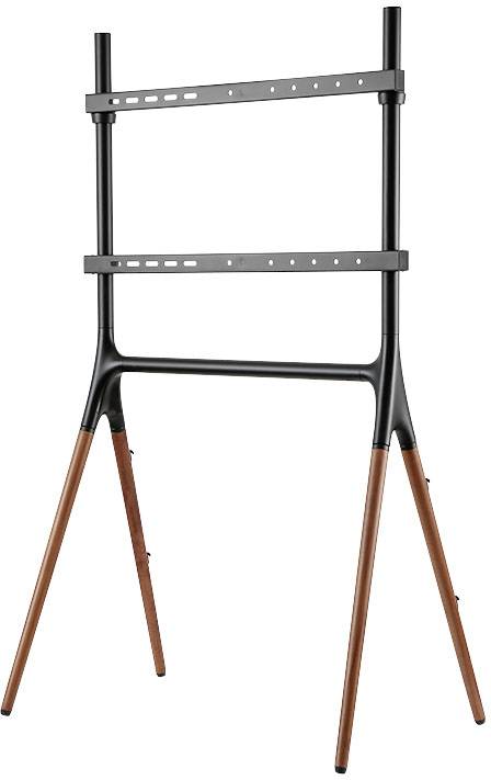 Een stijlvolle tv-standaard met een zwart metalen frame en houten poten, geschikt voor het presenteren van flatscreens.