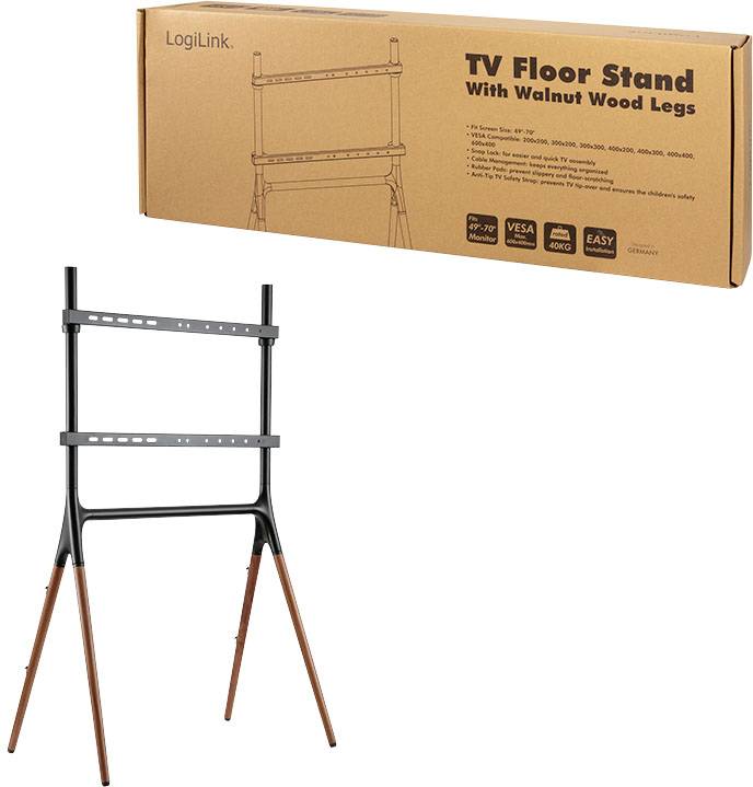 'LogiLink tv-standaard met walnoothout poten in doos en opgebouwde zwarte standaard met bruine houten poten, geschikt voor 32"-65" tv's.'