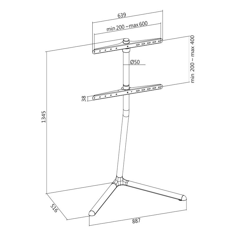 'Technical drawing of a TV stand with dimensions: Height 1345 mm, Width 887 mm, Depth 516 mm, adjustable mount min 200-max 600 mm.'