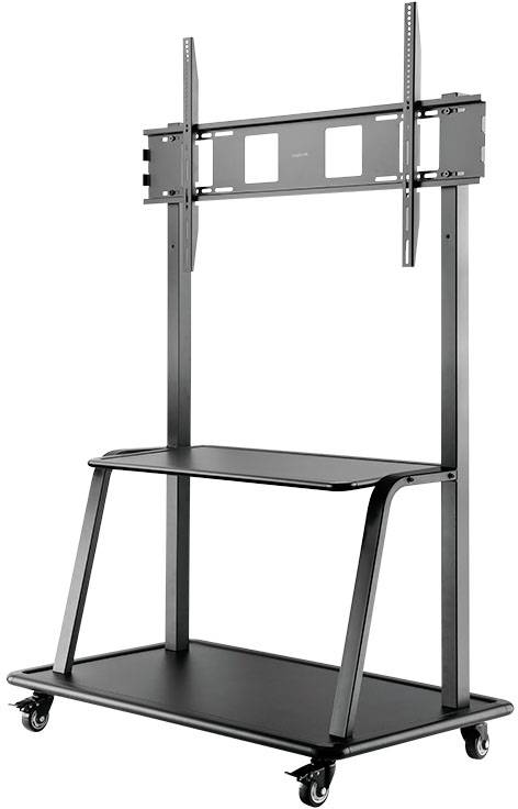 Mobiele tv-standaard op wielen, in hoogte verstelbaar, vervaardigd uit zwart metaal, met opbergplank, ideaal voor presentaties of evenementen.
