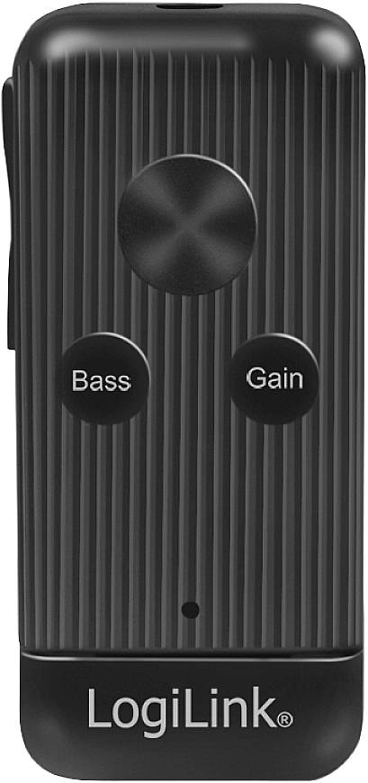 Een zwarte audio-equalizer van LogiLink met bas- en versterkingregelaar, een grote draaiknop bovenaan en groeven op het oppervlak.