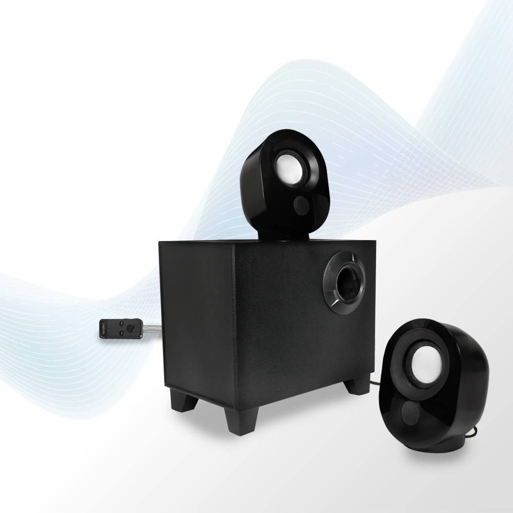 Zwart luidsprekersysteem met subwoofer en twee satellietluidsprekers, geplaatst voor een lichtblauwe grafische achtergrond.