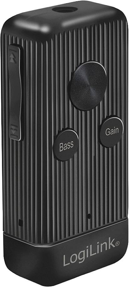 'Zwart LogiLink audio-apparaat met verticale groeven; knoppen voor bas, gain en een volumeregelaar aan de zijkant.'