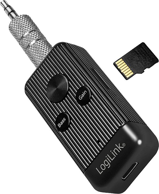 'LogiLink Audioversterker met Bass- en Gain-regelaar en MicroSD-kaartsleuf. Zwart, compacte afmeting.'