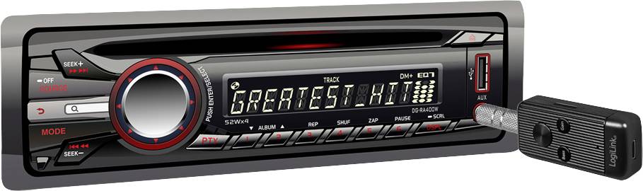 Autoradio met USB-stick toont 'Greatest Hits' op het display, omringd door verschillende knoppen voor het bedienen van de muziekweergave.