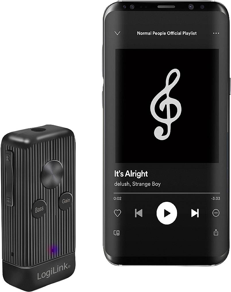 Een smartphone toont het muzieknummer 'It's Alright' van Delush. Ernaast een LogiLink-audioadapter.