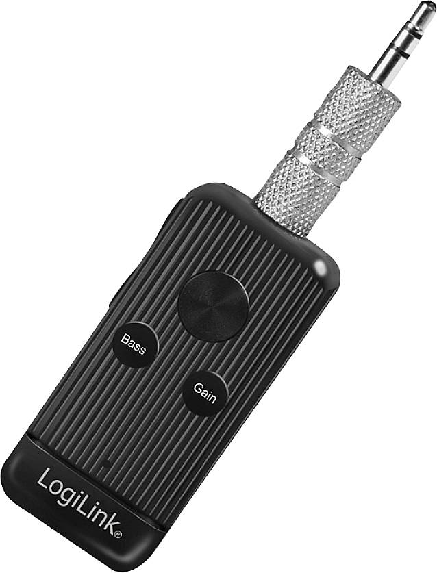 Een zwarte LogiLink audio-adapter met een geribbelde behuizing. Twee knoppen gelabeld als 'Bass' en 'Gain'. 3,5-mm-audioaansluiting bovenaan.