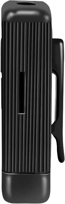 Een zwart, rechthoekig, geribbeld apparaat met een zijdelingse clip, waarschijnlijk een draagbaar elektronica-artikel.