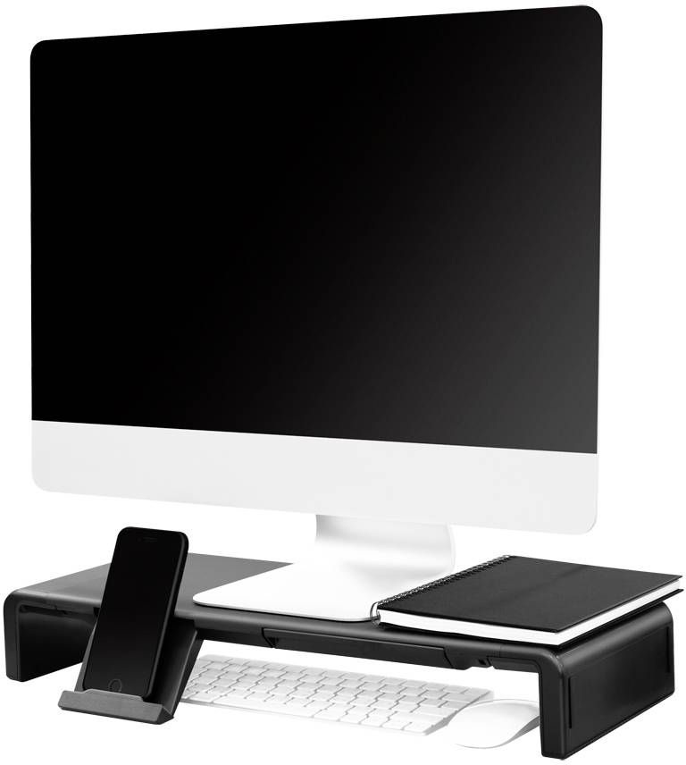 Een computerscherm op een monitorstandaard, daaronder een toetsenbord. Rechts ligt een zwart notitieboek, links staat een smartphone.