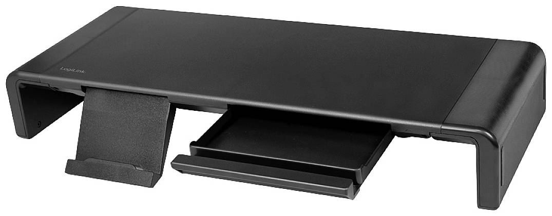 Een zwarte monitorstandaard met een uittrekbare lade en een geïntegreerde houder voor apparaten zoals smartphones of tablets.