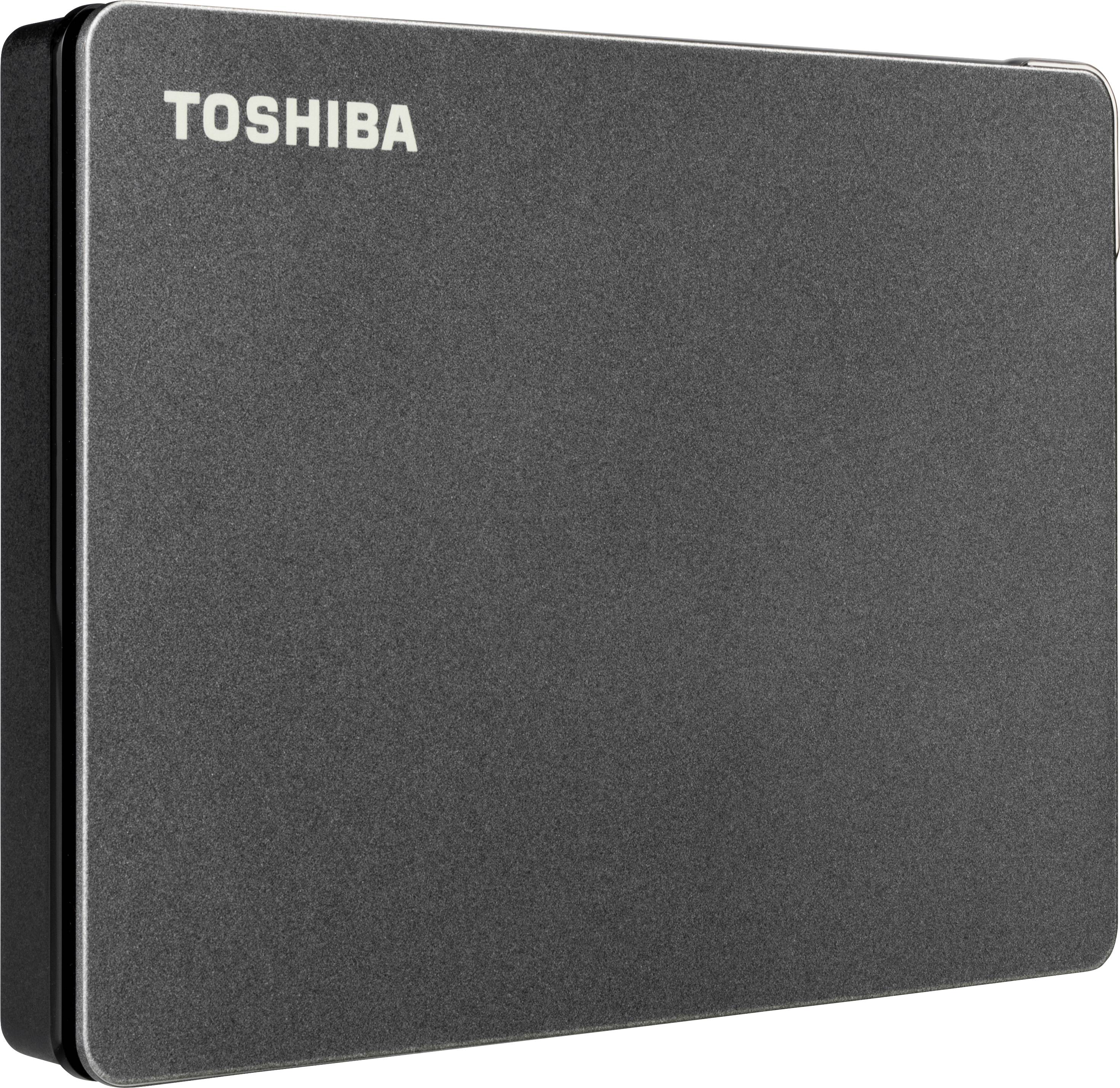 Externe harde schijf van Toshiba, zwart, rechthoekig, compact, geschikt voor gegevensopslag of back-up.