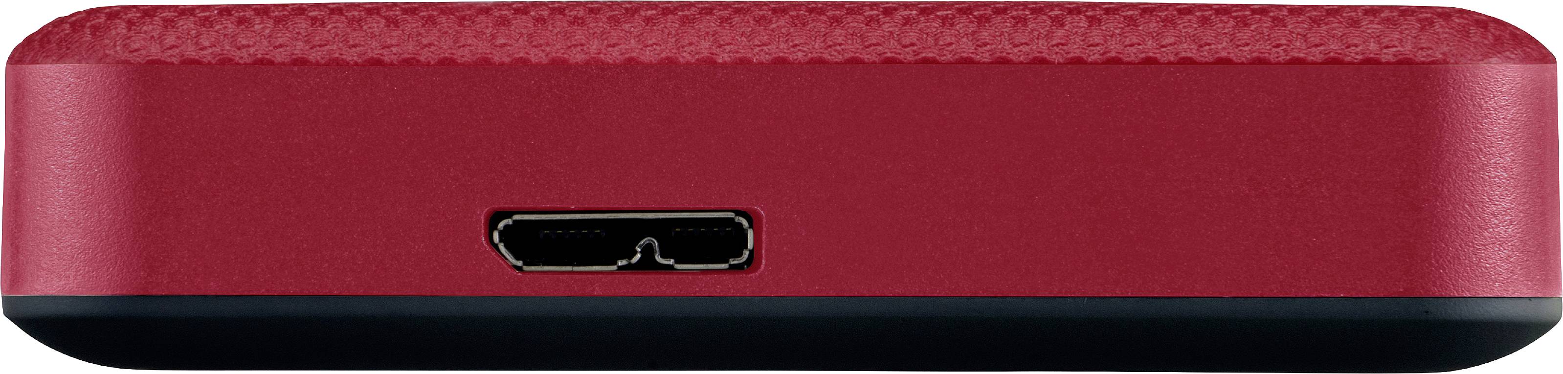Rode, rechthoekige harde schijf met USB-aansluiting aan één zijde, zwarte basis.