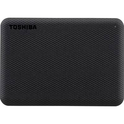 Zwarte externe Toshiba-harde schijf met textuur op het oppervlak; zichtbaar van bovenaf; zonder zichtbare aansluitingen of kabels.