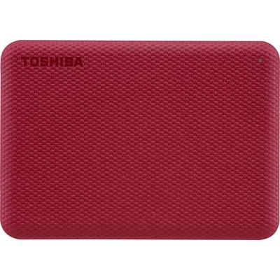 Externe rode Toshiba-harde schijf met gestructureerde behuizing.