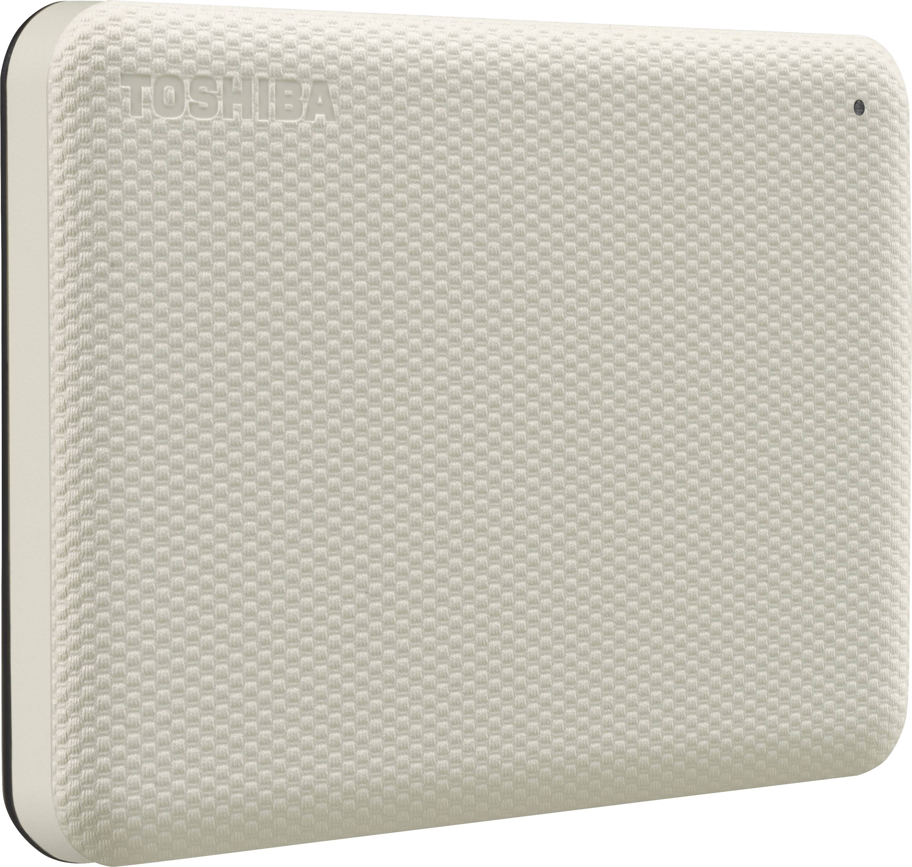 Externe harde schijf van Toshiba, licht gestructureerde textuur, beige van kleur. Compacte vorm, geschikt voor gegevensopslag en -overdracht.