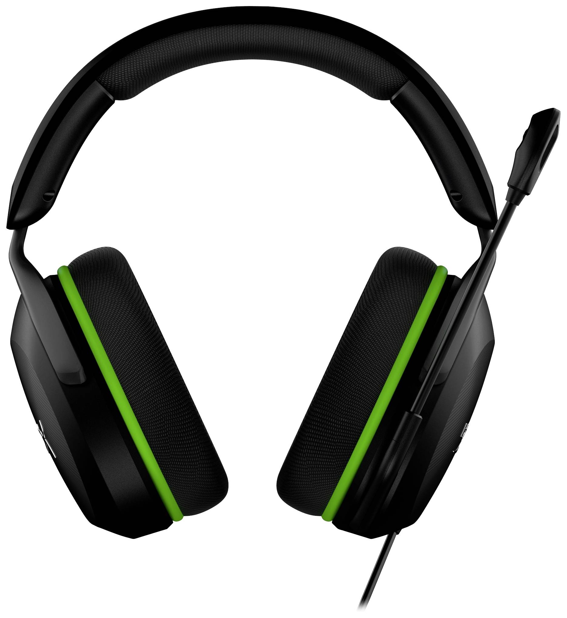 Zwarte gaming-headset met groene streep en microfoon.