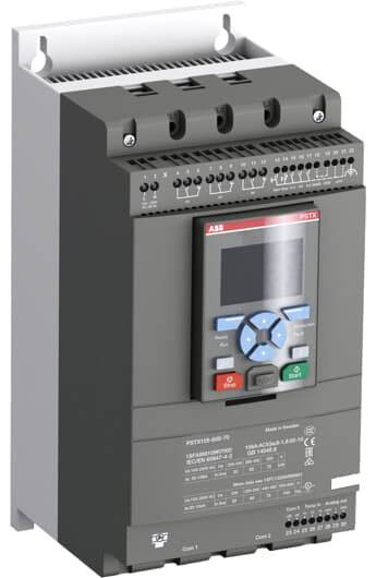 Een industriële softstarter met digitaal display en bedieningspaneel, bruikbaar voor het regelen van de aanloopstroom van elektromotoren.